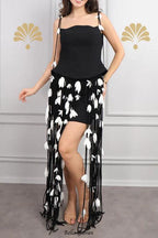 hilary black flower tassel strapless mini dress