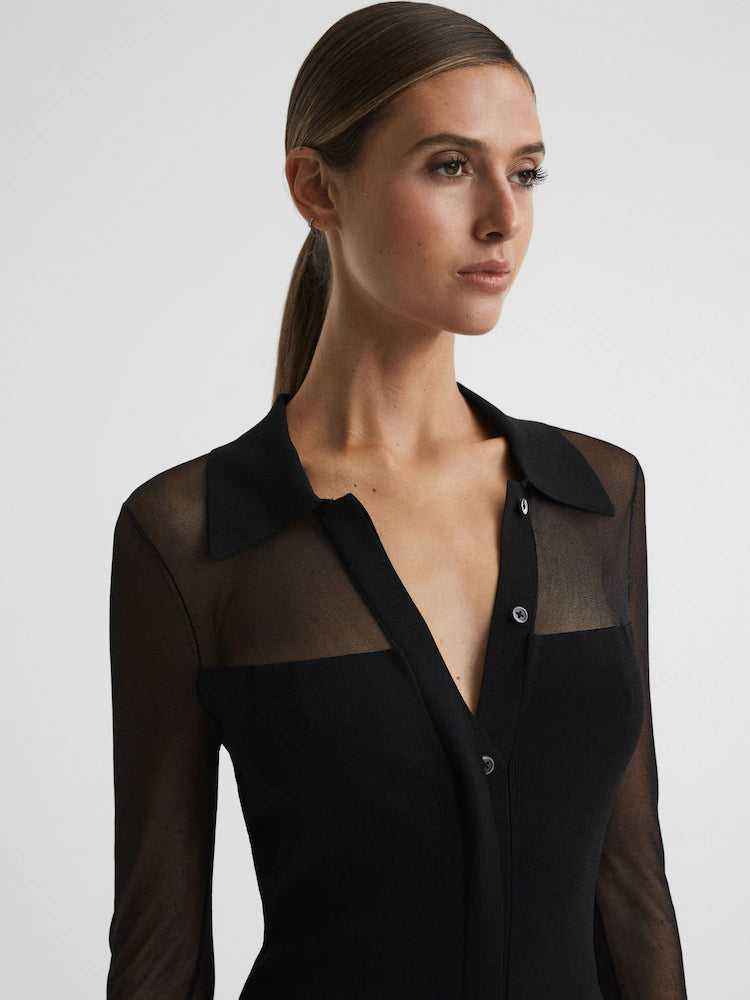 Flowering Girl Women sheer knitted button-through midi dress in black