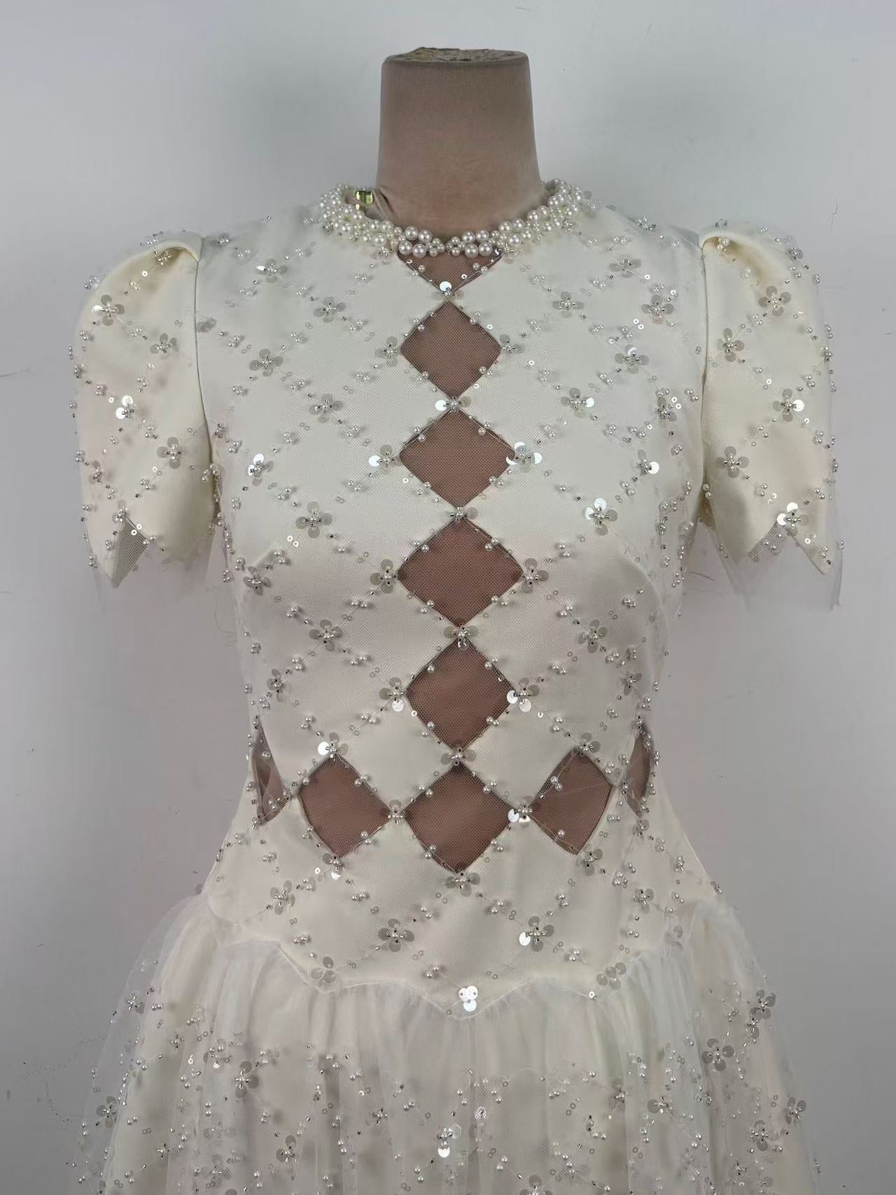 Henrietta Ivory Sequin Mini Dress With Mesh Panels