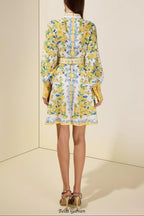 Lemon Floral Single-Breasted Midi Dress With Belt - yellow