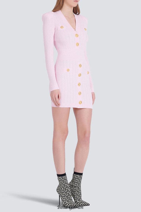 vicky v-neck button-detail ribbed mini dress in pink