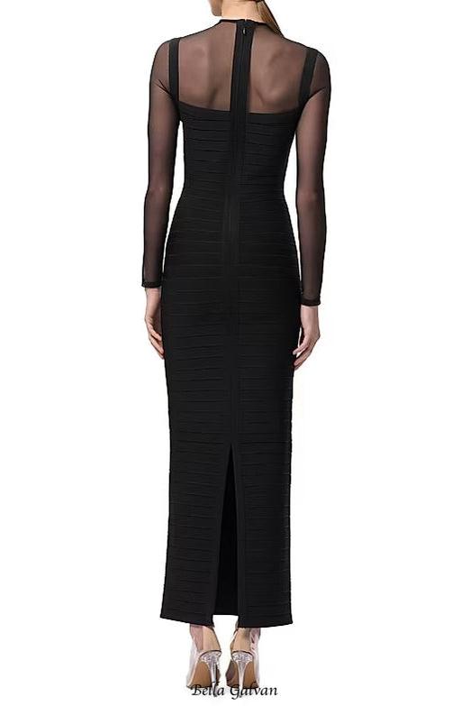 tina black long-sleeve mesh see-through bandage maxi dress