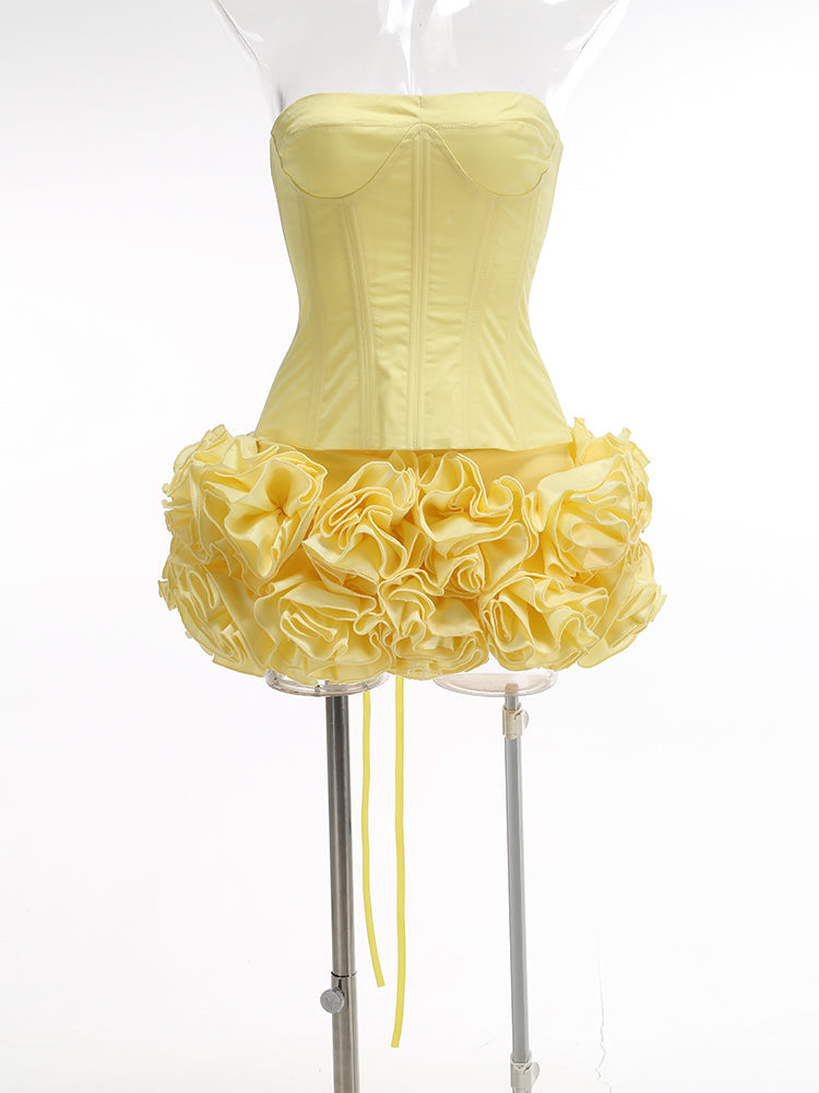 Flowering Girl Women amy flower embellished mini skirt corset set in yellow