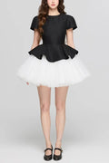 Flowering Girl Women Two-Tone Velvet Ruffle Hem Puffy Mini Dress