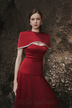 Flowering Girl Women Spaghetti Strap Asymmetric Pleated midi Dress in red