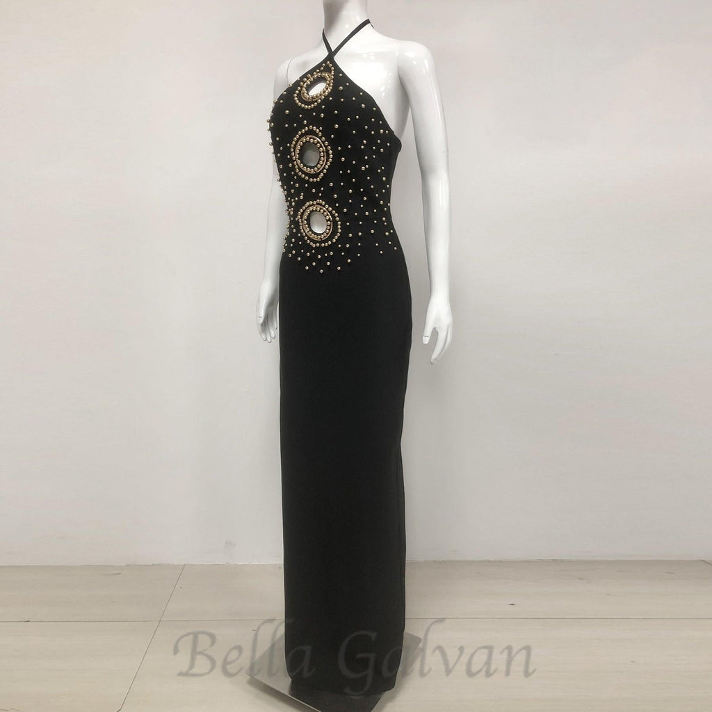 Flowering Girl Women embellished cut out halter maxi dress in black