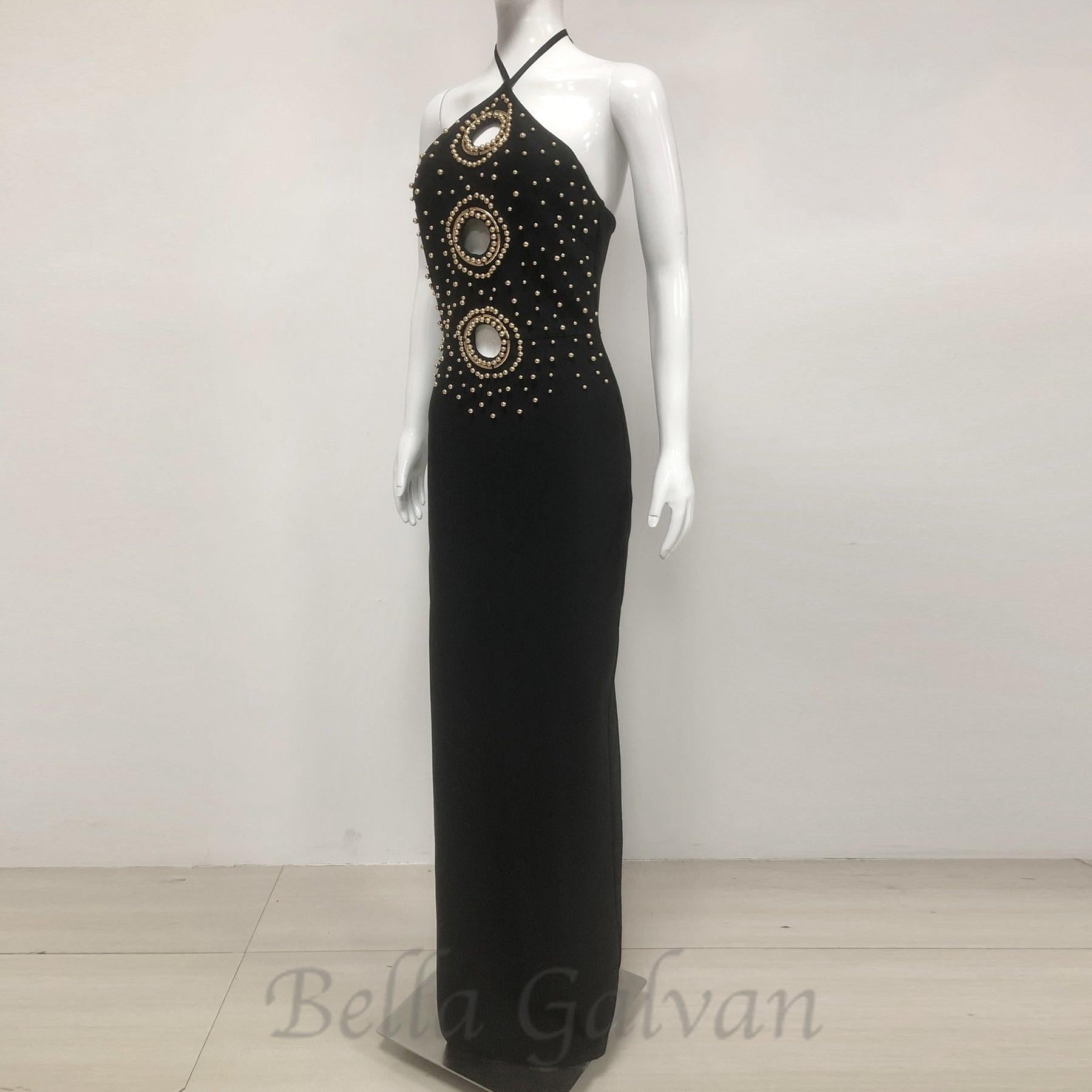 embellished cut out halter maxi dress in black