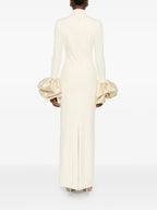 Rachel White Ruffled Crystal-Embellished Crepe Mock-Neck Gown