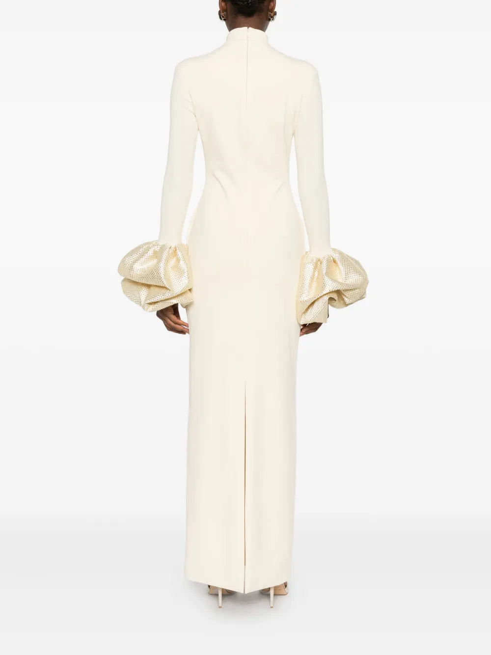 Rachel White Ruffled Crystal-Embellished Crepe Mock-Neck Gown