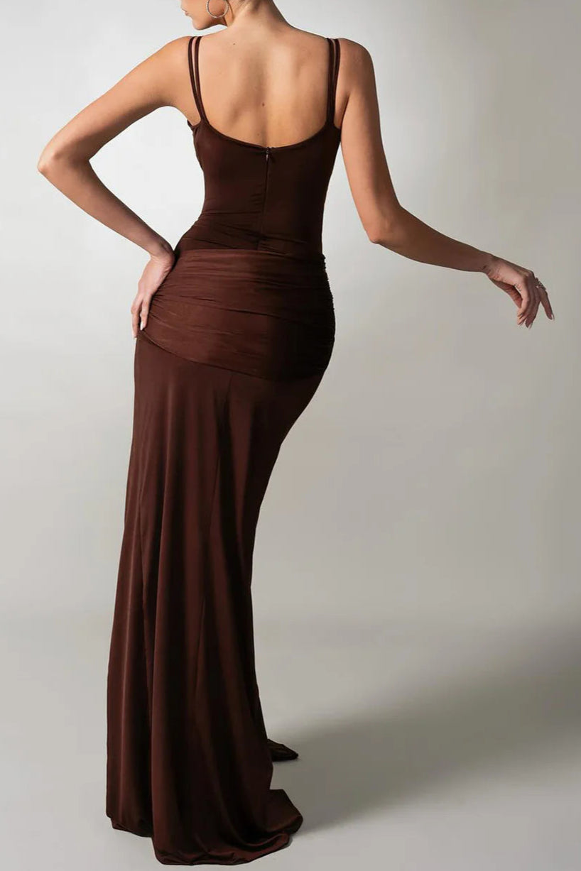Flowering Girl Women Pleated Strappy Draped Slit Maxi Dress In Brown