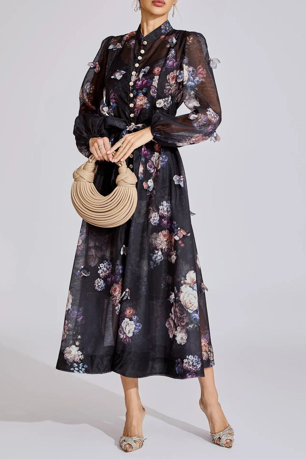tiffany black floral Printed puff sleeve Maxi Dress