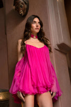 Flowering Girl Women Erica Halter Neck Lace-Up Backless Mini Dress - Fuchsia