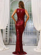 V Neck Split Mermaid Sequin Golden Evening Dress