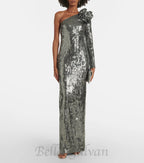 Flowering Girl Women Floral-appliqué sequin gown in silver