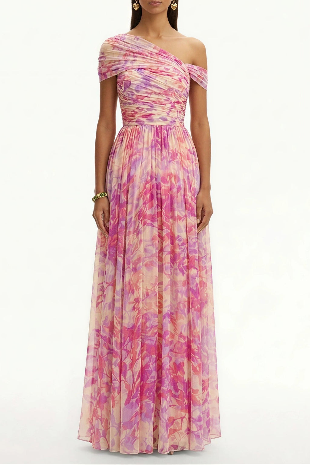 tiffany Floral Skew Collar Chiffon Maxi Dress - pink
