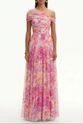 tiffany Floral Skew Collar Chiffon Maxi Dress - pink