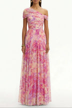 tiffany Floral Skew Collar Chiffon Maxi Dress - pink