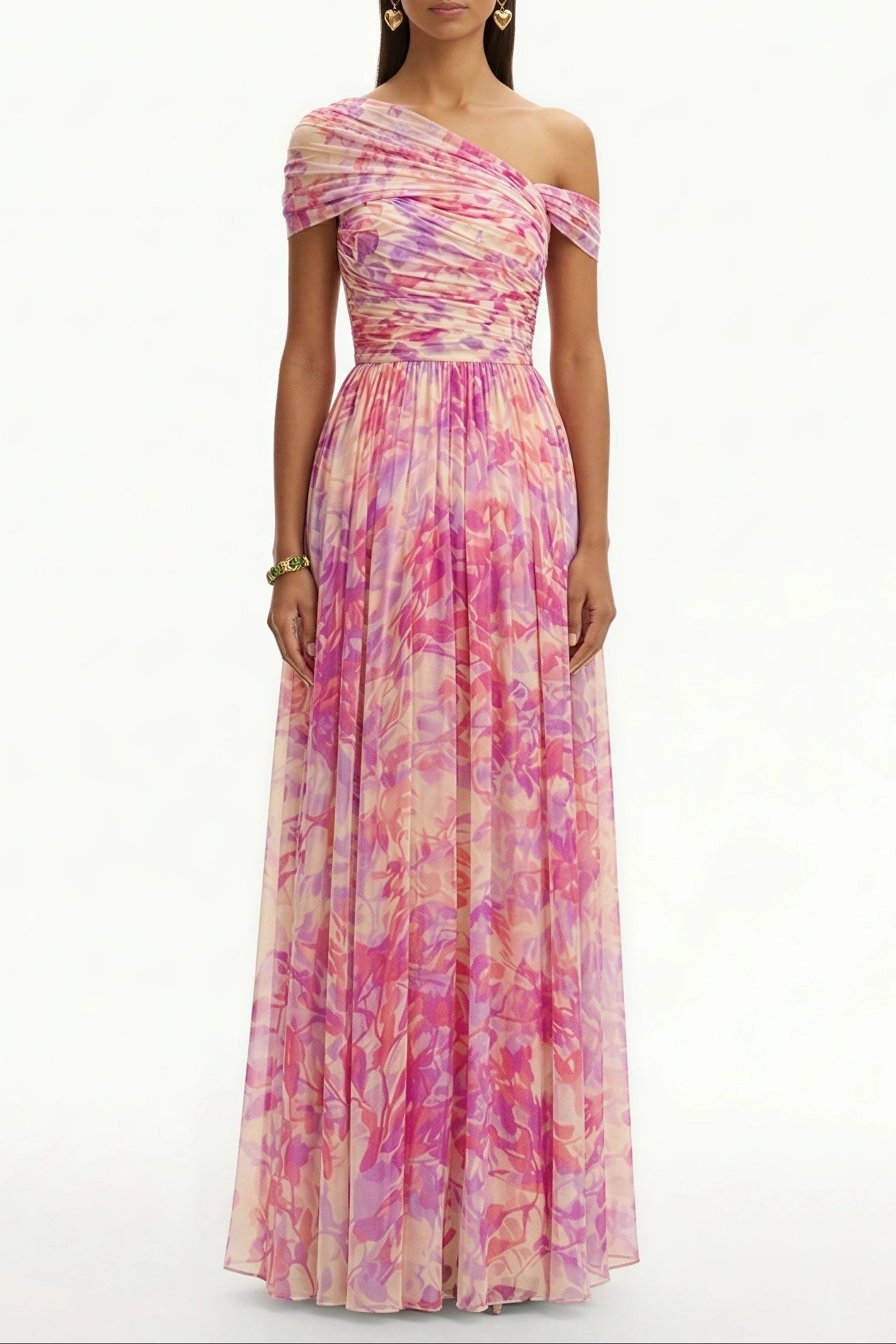 tiffany Floral Skew Collar Chiffon Maxi Dress - pink