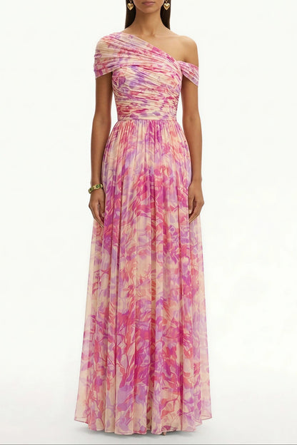 tiffany Floral Skew Collar Chiffon Maxi Dress - pink