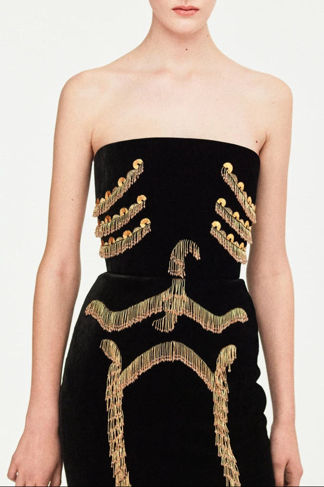 Yuri Skeleton Tassel Embellished Bustier Mini Dress In Black