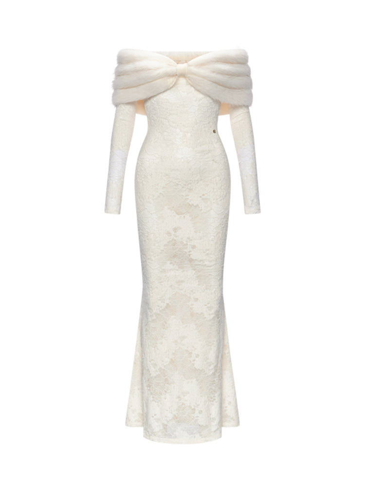 julia Off-Shoulder Fur Collar Long Sleeve lace maxi dress in white