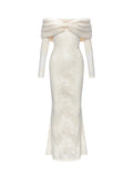 julia Off-Shoulder Fur Collar Long Sleeve lace maxi dress in white