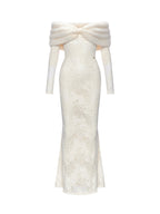 julia Off-Shoulder Fur Collar Long Sleeve lace maxi dress in white