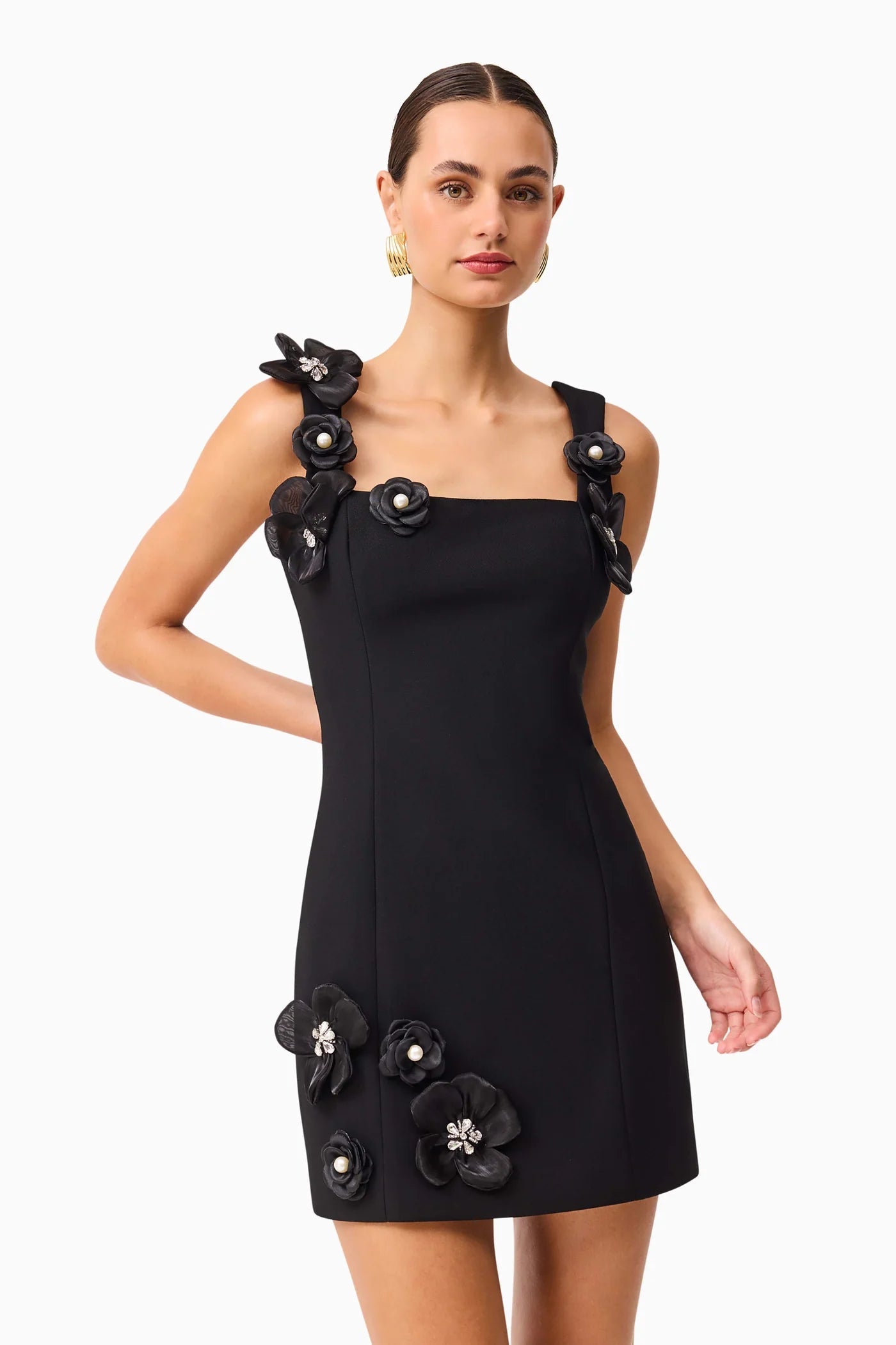 Flowering Girl Women 3D Flower Diamond Embellished Mini Dress In Black