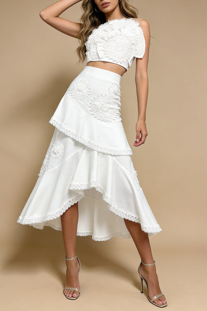 Flowering Girl Women Nina Ruffled Strapless Top Floral Embroidered Mermaid Skirt Set - White