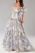 Flowering Girl Women Hydrangea Print Voluminous Sleeves Maxi Dress In Blue