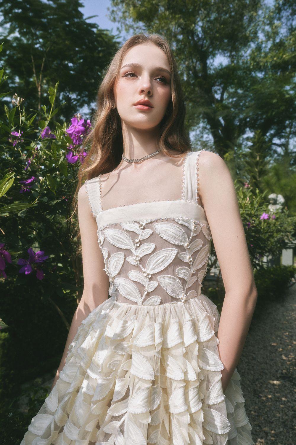Fae A-Line Square Neck Lace Midi Dress In Cream White