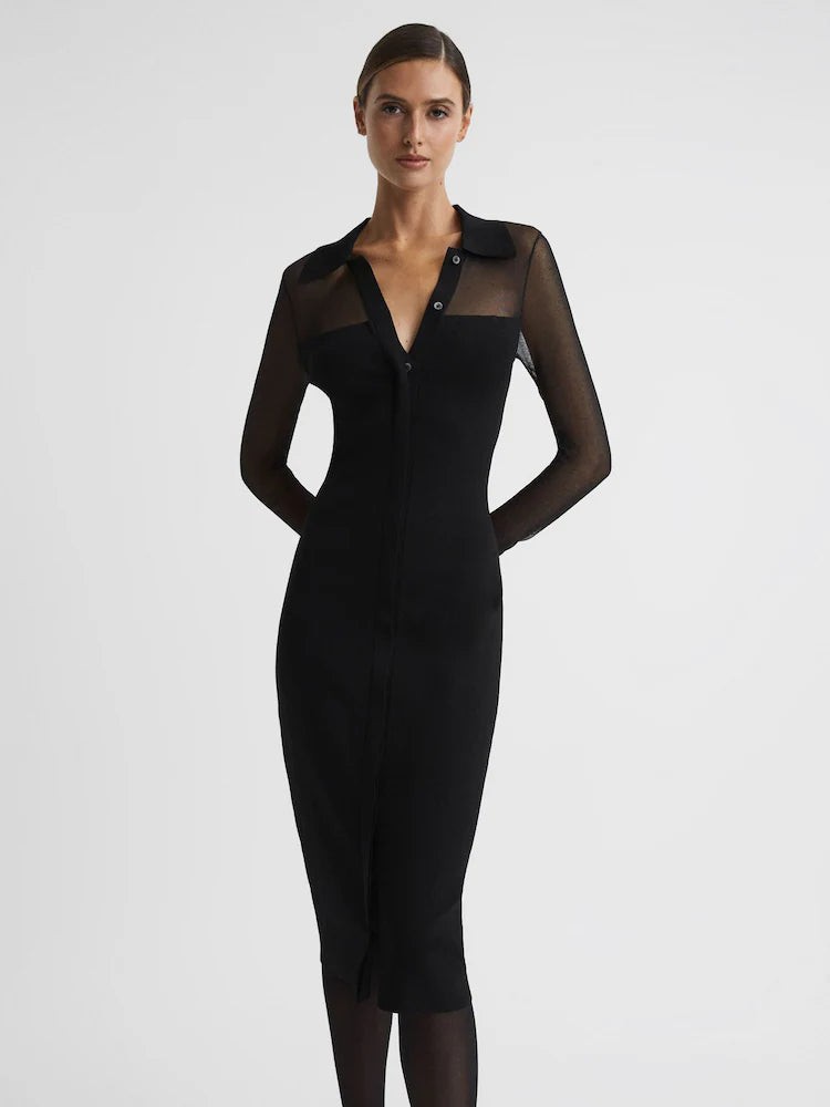 Flowering Girl Women sheer knitted button-through midi dress in black