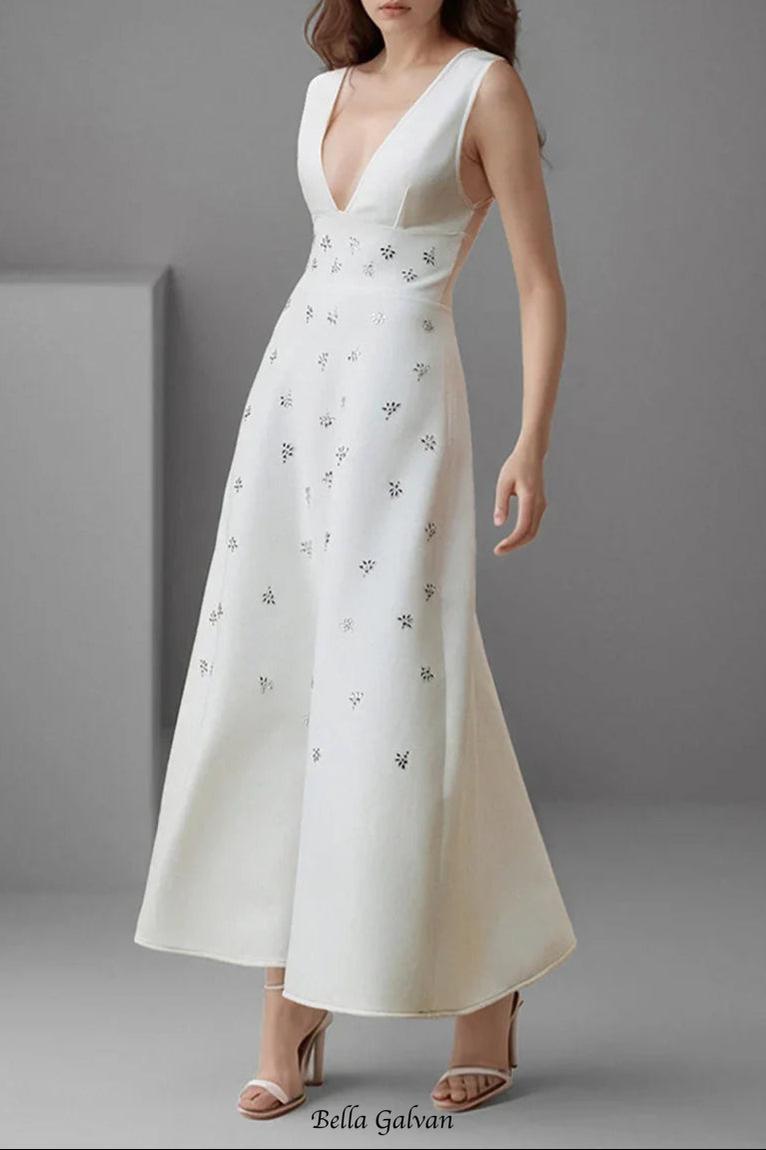 lily diamond V-neck midi dress in white