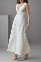 lily diamond V-neck midi dress in white