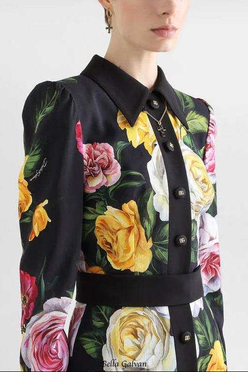 bernice rose print shirt midi dress in black