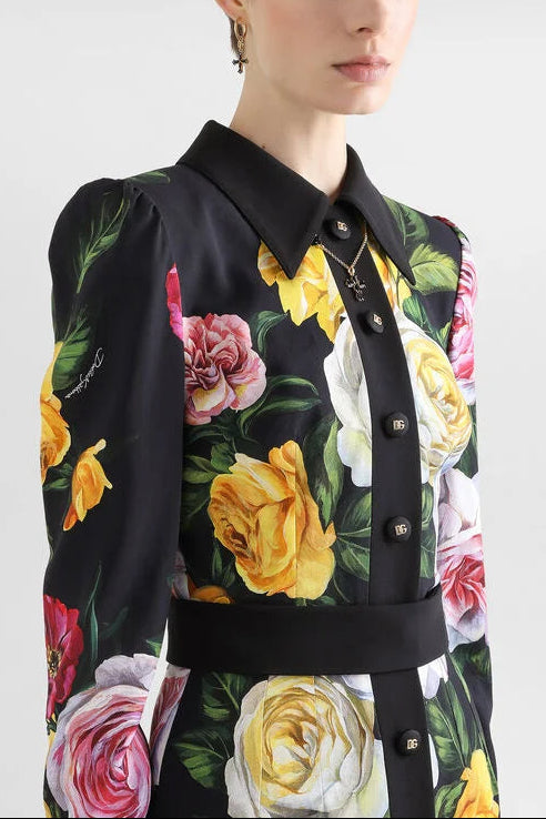 Flowering Girl Women Bernice Rose Print Shirt Midi Dress In Black