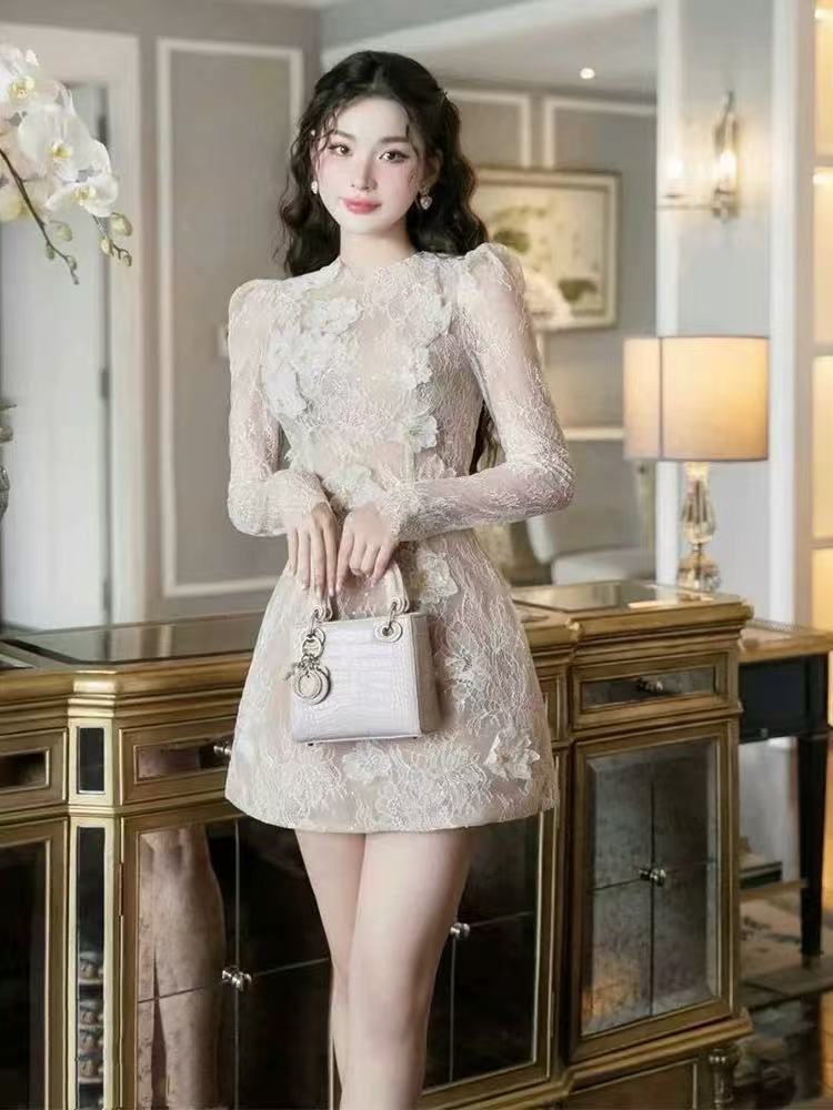 Amy Sheer Lace Long-Sleeve Floral Applique Mini Dress In Beige