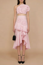 nina Ruffled strapless top floral embroidered mermaid skirt set - pink