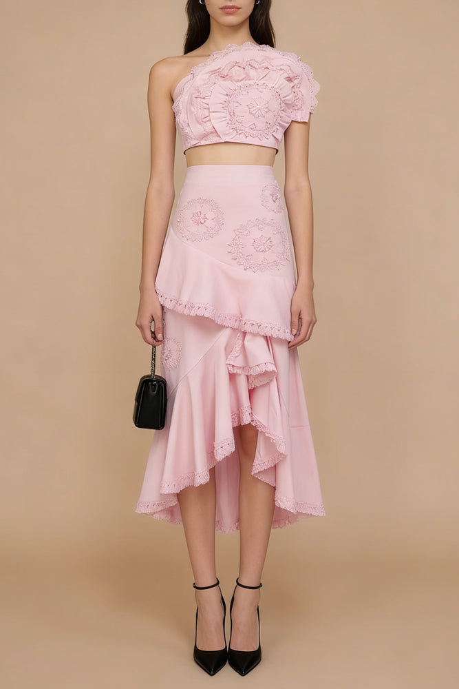 Nina Ruffled Strapless Top Floral Embroidered Mermaid Skirt Set - Pink