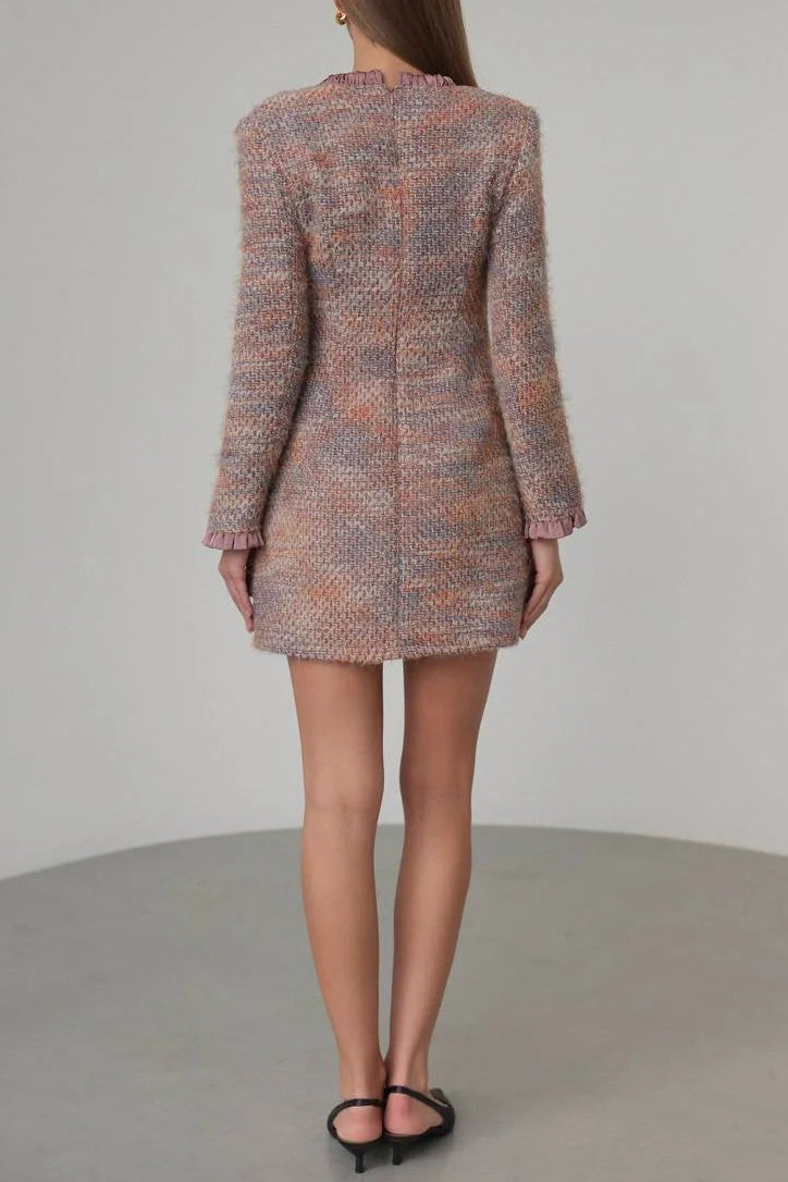 xylia bow v-neck long sleeve mini dress in multicolor