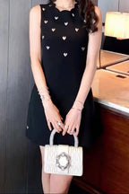 Scalloped Neck Heart Stud Sleeveless Black Mini Dress