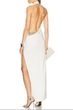 Flowering Girl Women Sharon Halter Backless High Slit Diamond Maxi Dress In White