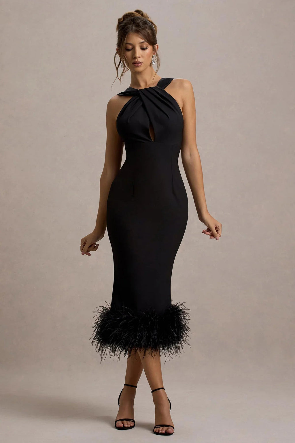 Jenny Black Twist-Neck Feather Hem Midi Dress