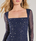 Flowering Girl Women Amanda Navy Long Sleeve Rhinestone Mesh Mini Dress