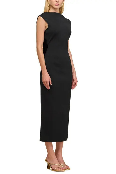 Flowering Girl Women Black Sleeveless Backless Knit Midi Dress With Two Pleated Golden Embellishments