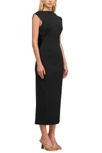 Flowering Girl Women Black Sleeveless Backless Knit Midi Dress With Two Pleated Golden Embellishments