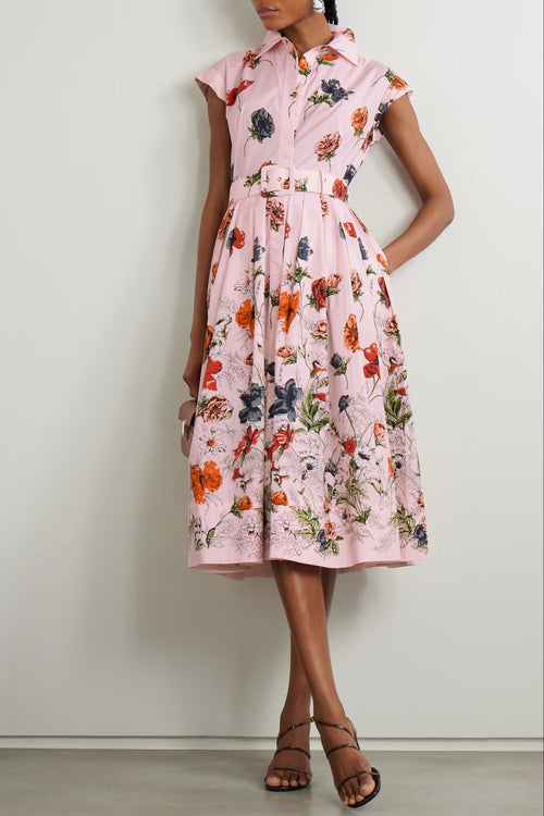 Flowering Girl Women Belted Pleated Floral-Print Cotton-Poplin Midi Shirt Dress - Pink