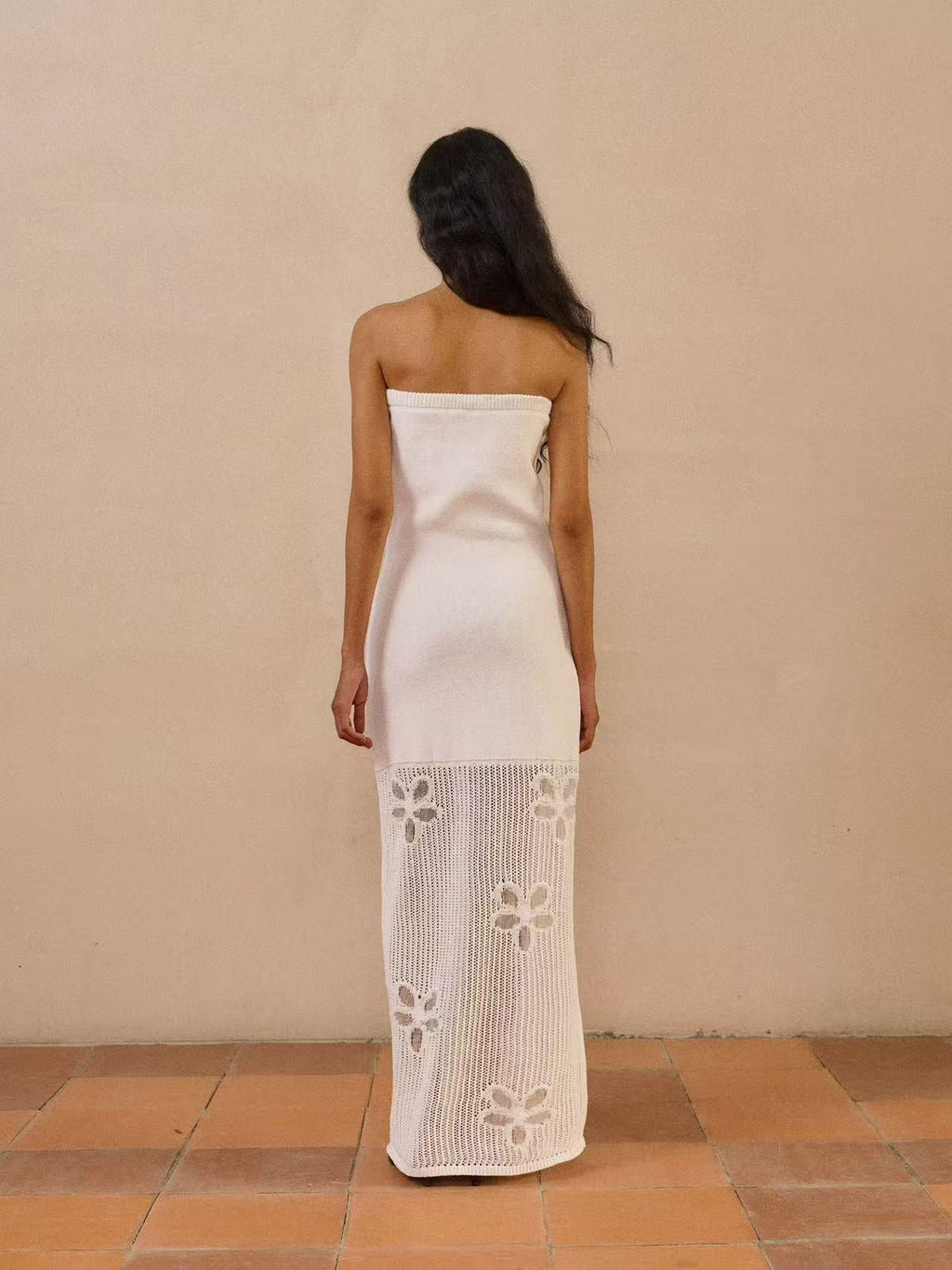 White Strapless Knit Maxi Dress With Butterfly Crochet Hem