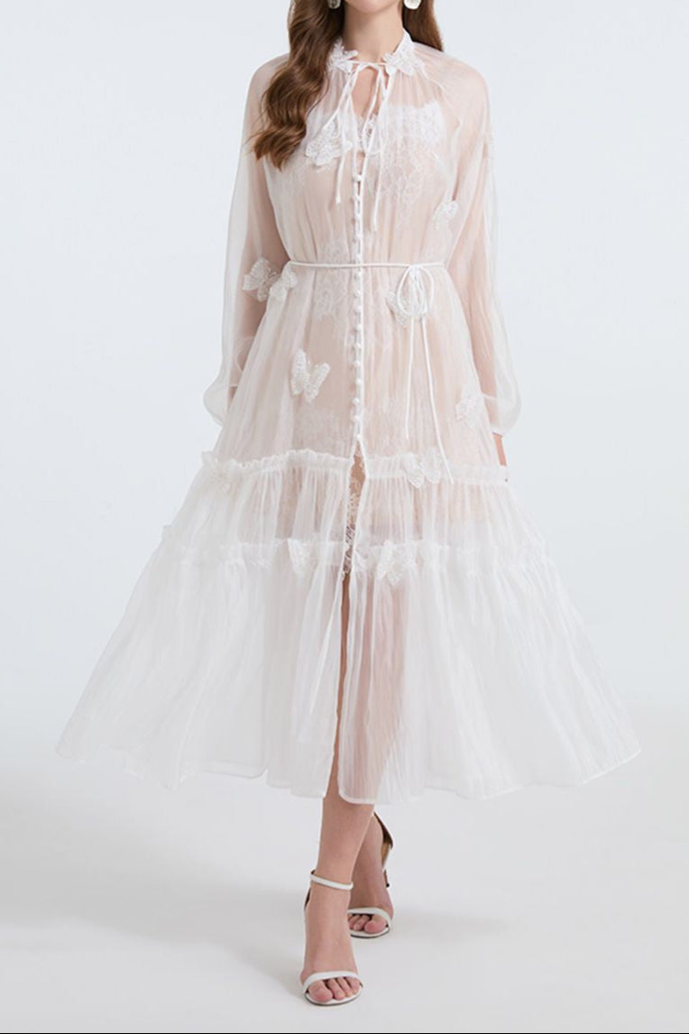 See-Through Blouse Maxi Dress With Lace Skirt In White