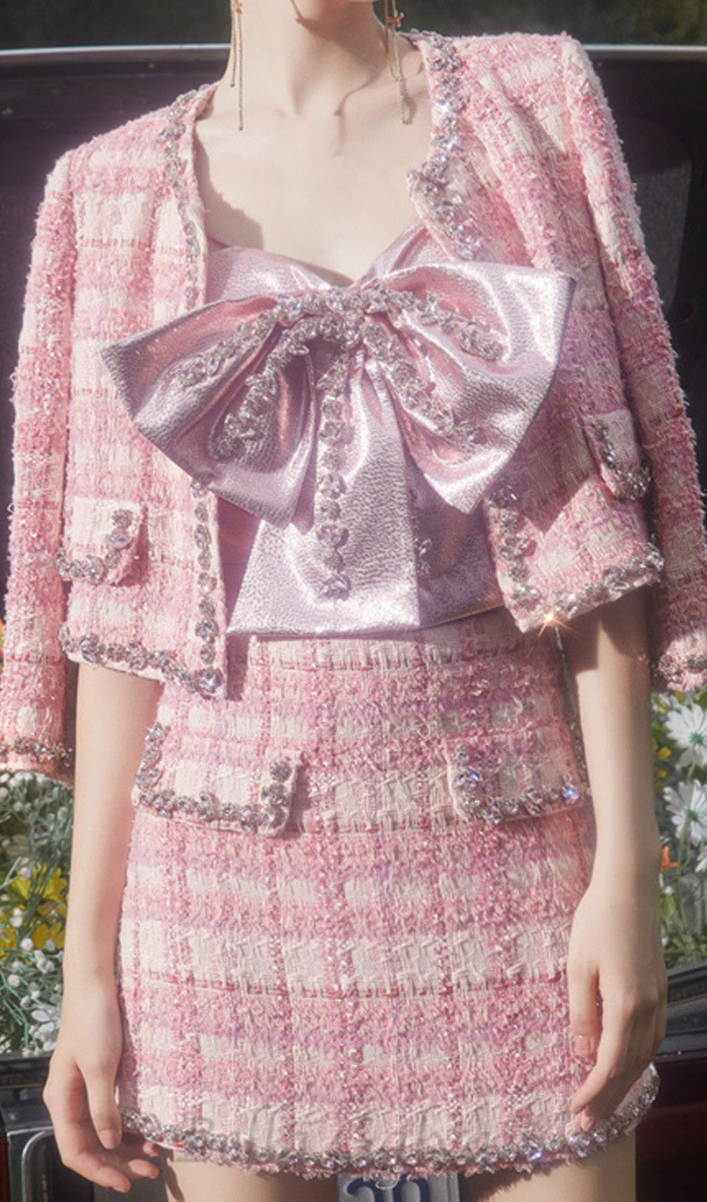 Flowering Girl Women bow rhinestone two-piece set in pink